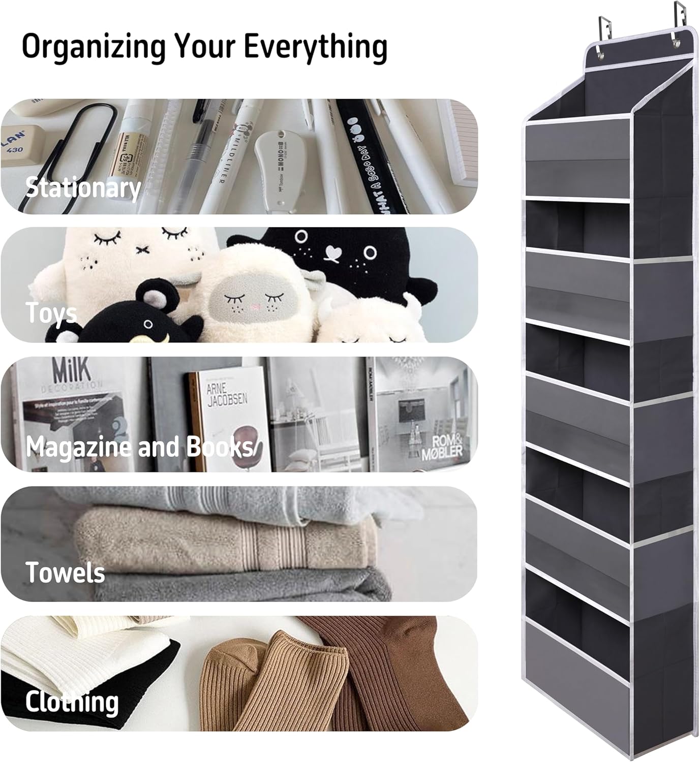 TYMENSH White Over Door Organizer with 5 Large Clear Pockets and 6 Side Mesh Pockets, Anti-Tilt Hanging Door Storage for Nursery, Bathroom, Closet, Bedroom, Dorm, Toys