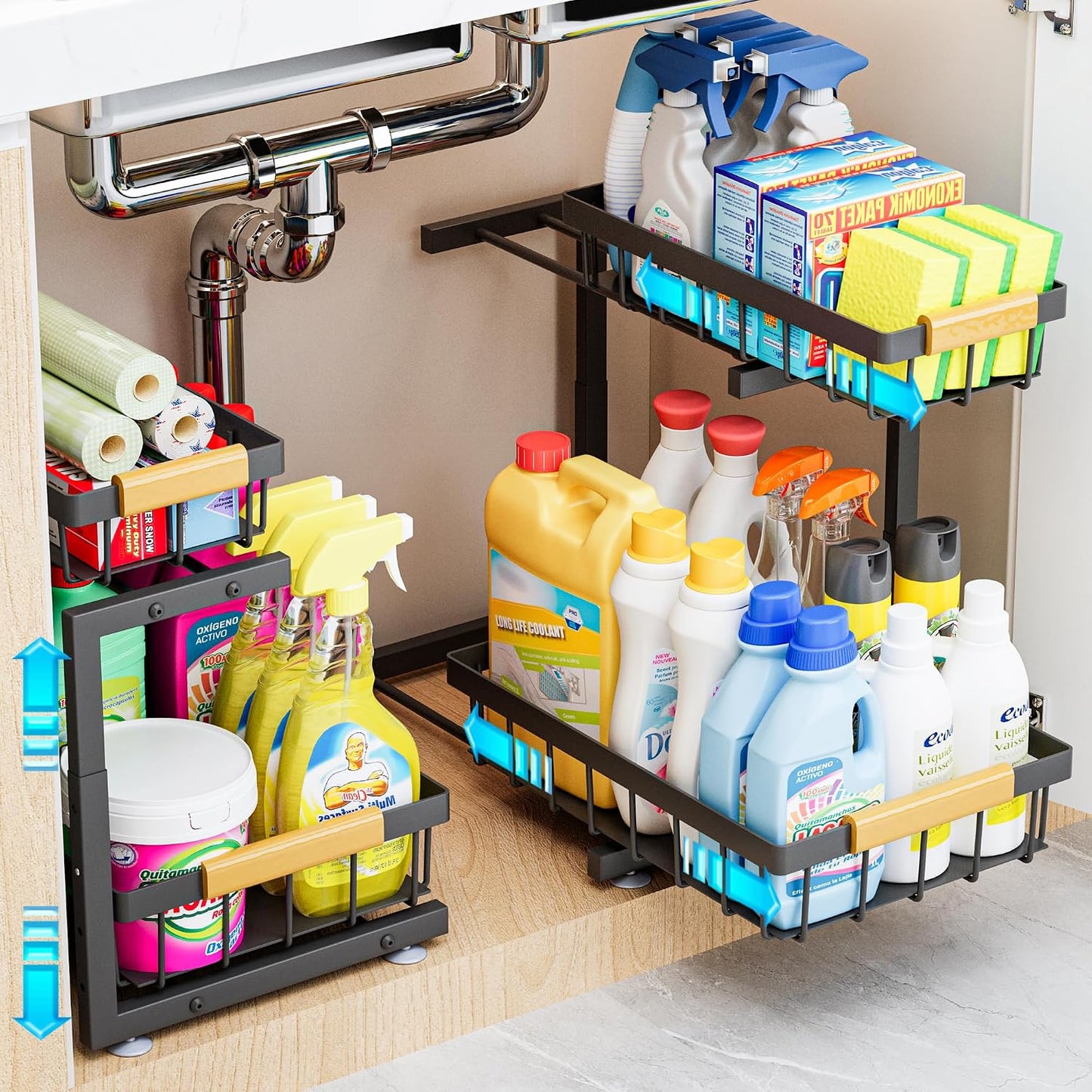 ADBIU Under Sink Organizer 2 Pack, Adjustable Height (11"-15.75") Under Cabinet Storage, 2 Tier Pull Out Sliding Drawers for Kitchen Bathroom, Heavy Duty Metal Shelf, White