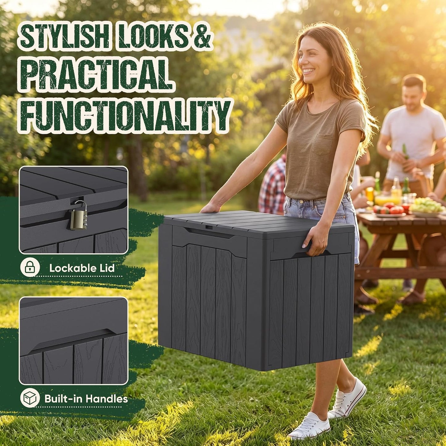 Devoko 100 Gallon Waterproof Large Resin Deck Box Indoor Outdoor Lockable Storage Container for Patio Furniture Cushions Garden Tools (100 Gallon, Black)