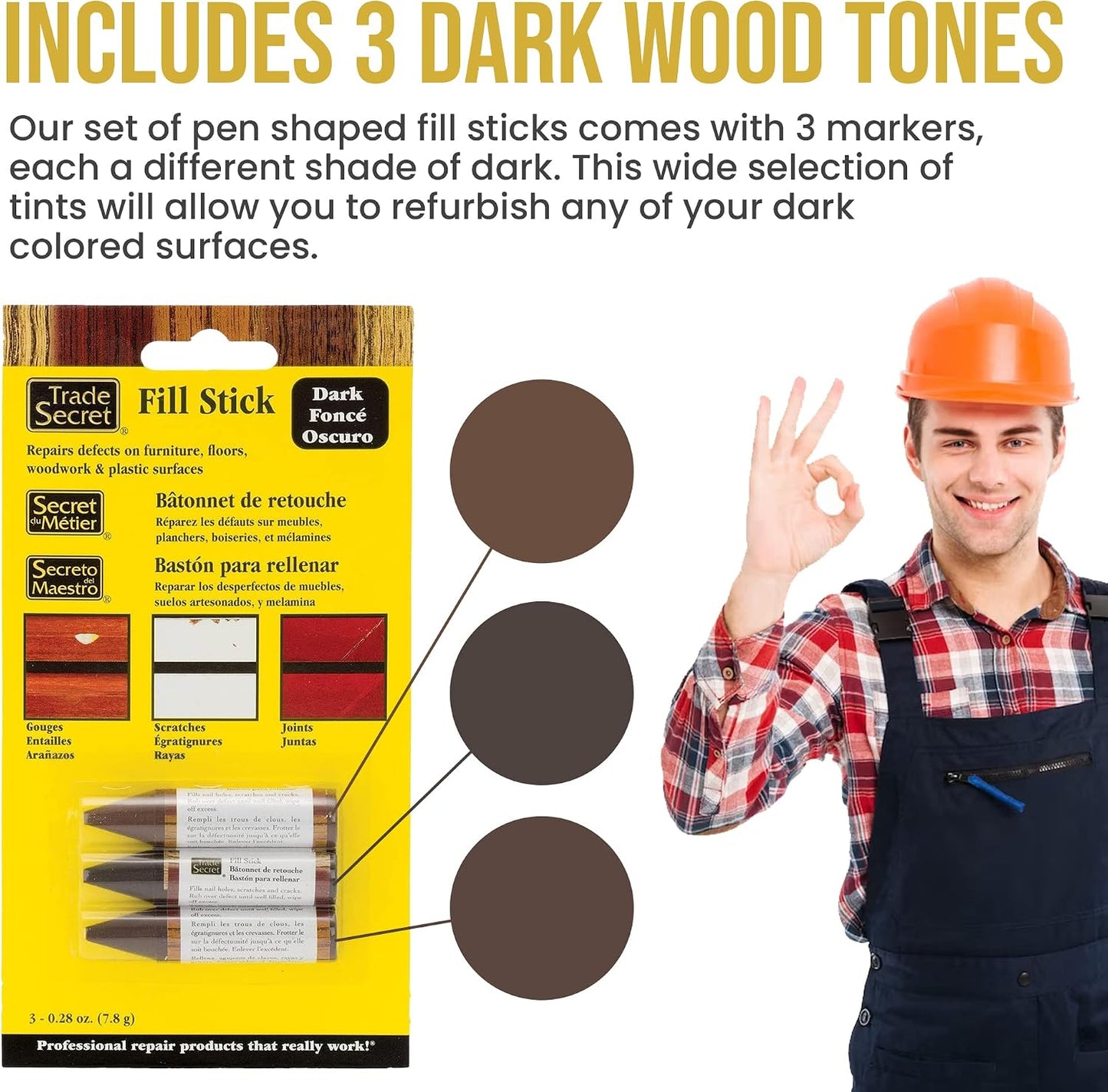 Wood Scratch Repair Fill Stick for Light Surfaces (Set of 3), Great for Touch-Ups and Repairs on Hardwoods Floors, Furniture, Cabinets and Plastic Surfaces.