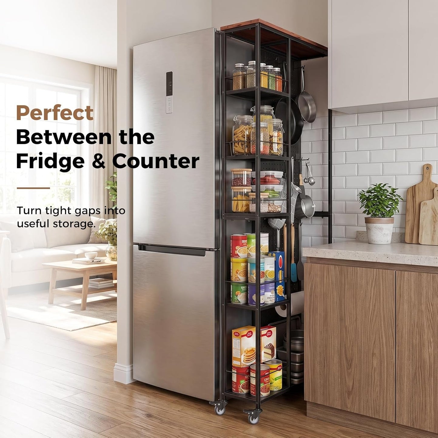 Slim Rolling Storage Cart, 8.3 Inch Narrow Storage Cart with Wheels, Pegboard & 5 Tier Shelves, Mobile Slim Storage Rack Next to Fridge for Kitchen, Laundry, White