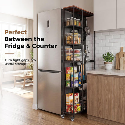 Slim Rolling Storage Cart, 8.3 Inch Narrow Storage Cart with Wheels, Pegboard & 5 Tier Shelves, Mobile Slim Storage Rack Next to Fridge for Kitchen, Laundry, White
