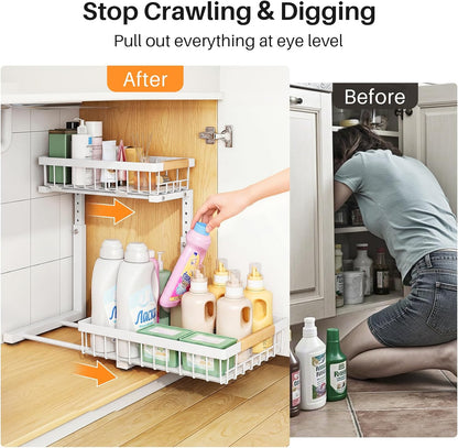 PXRACK Under Sink Organizer, Adjustable Height, 2 Tier Pull Out Under Cabinet Organizer, Slide Out Thickened Metal Under Sink Storage for Kitchen Bathroom Laundry Pantry Cabinet, White, Large-1-Pack