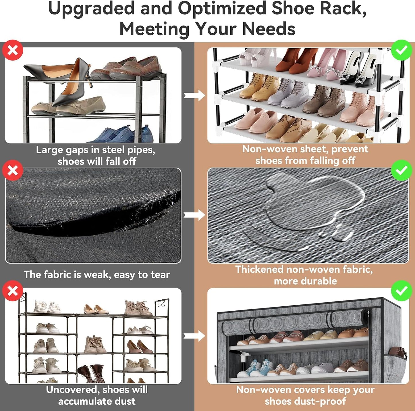 LANTEFUL Shoe Rack with Covers - 10 Tiers Tall Shoe Rack Organizer Large Capacity Shoe Shelf Storage 40 Pairs Space Saving Vertical Shoe Storage Organizer for Closet, Entryway, Dorm, Bedroom