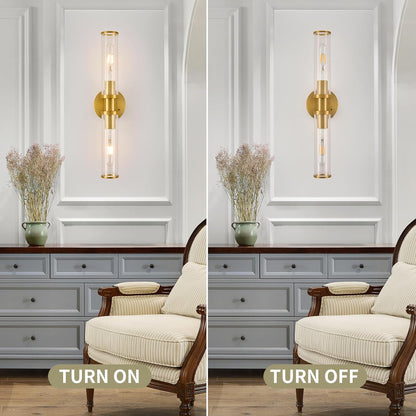 Wireless Wall Sconces with Remote Control, Battery Operated Wall Sconce Set of 2 with Timer, Gold Rechargeable Dimmable Glass Wall Lights for Living Room Bedroom Hallway Entryway 3000K, 20.5 Inch