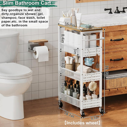 Utility Slim Storage Cart, 4-Tier Narrow Bathroom Organizers and Storage Cart, Narrow Metal Kitchen Laundry Room Organization Shelf with Wood Top, Slim Rolling Carts with Wheels for Small Space