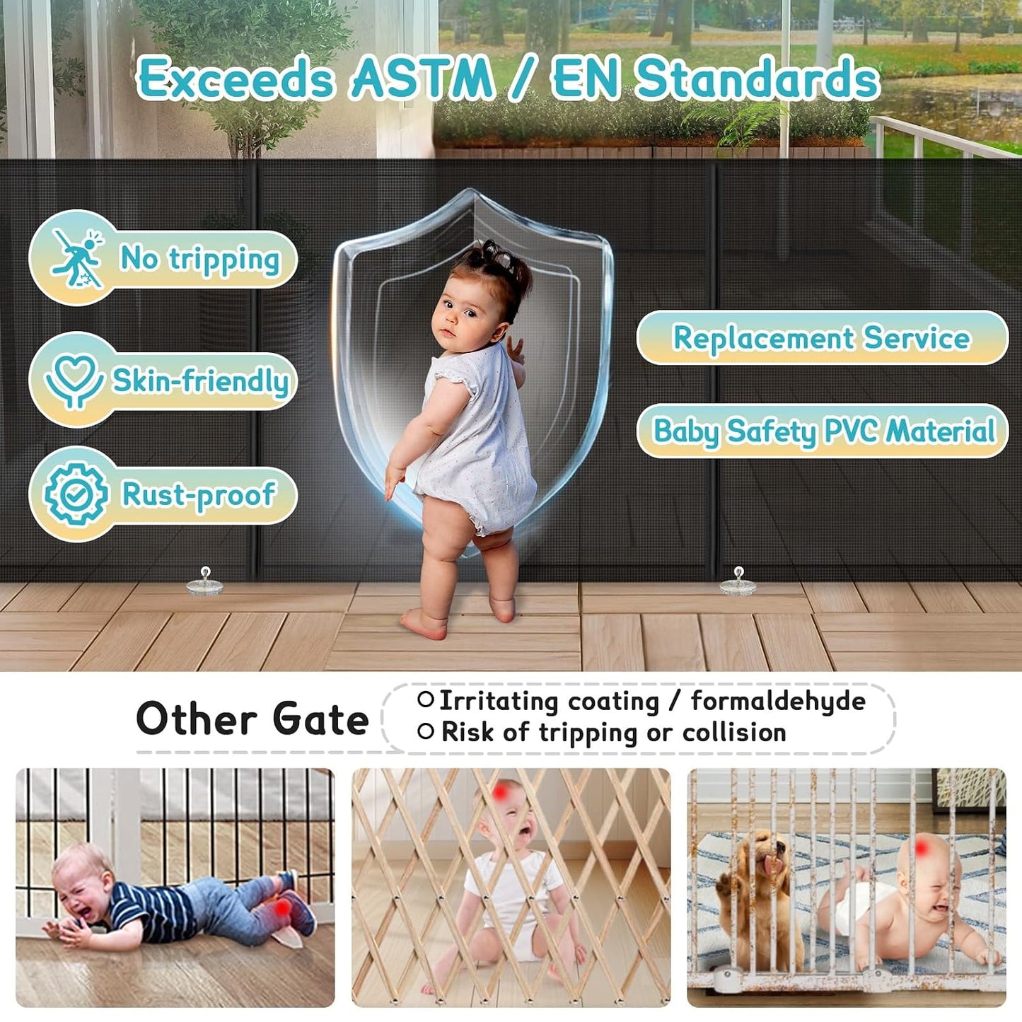200'' Retractable Baby Gates Extra Wide,34" Tall Retractable Dog Gate for Doorways,Extra Long Retractable Baby Gate for Stairs,Kitchen,Indoor/Outdoor Retractable Gate with Fiberglass Reinforcement Rod