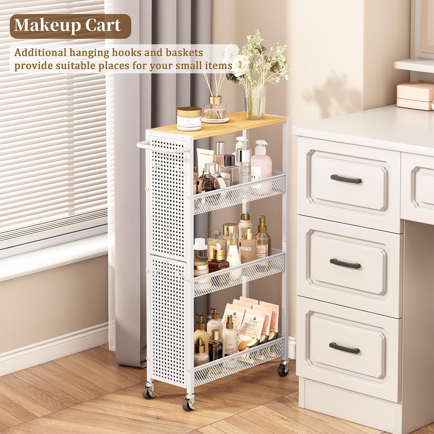 Utility Slim Storage Cart 4 Tier Small Rolling Kitchen Laundry Room Organization Cart with Wood Top Metal Narrow Laundry Room Shelves Cabinet Unit Laundry Organizer Trolley with Handle for Small space