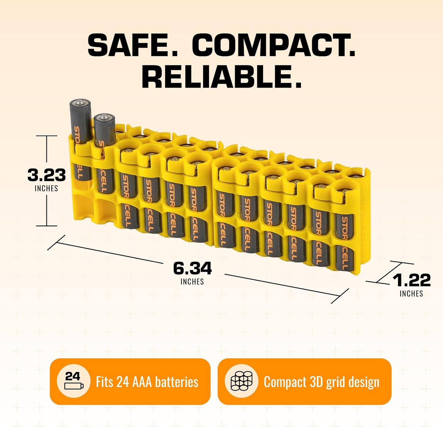 AA Battery Storage Caddy by Storacell, Yellow - Holds 24 Batteries (Not Included)