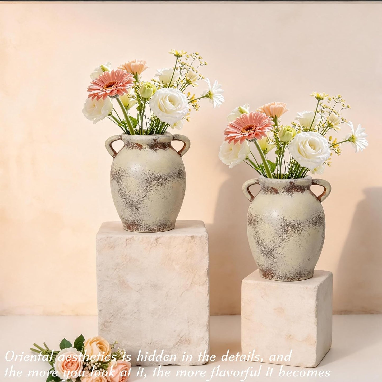 Ceramic Vase Set of 2, 7.1" Handcrafted Rustic Flower Vases for Modern Home Decor, Boho Farmhouse Decorative Vases for Living Room, Table, Shelf, Ideal Gift for Mother's Day, Birthday, Housewarming