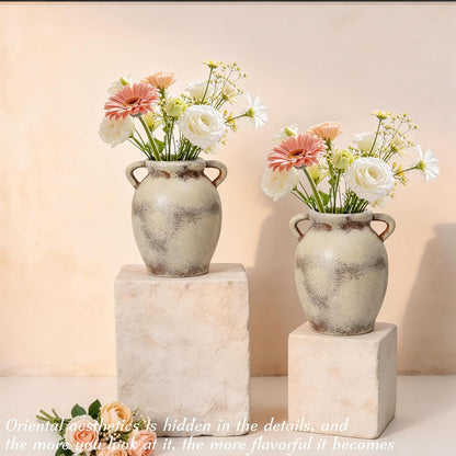 Ceramic Vase Set of 2, 7.1" Handcrafted Rustic Flower Vases for Modern Home Decor, Boho Farmhouse Decorative Vases for Living Room, Table, Shelf, Ideal Gift for Mother's Day, Birthday, Housewarming