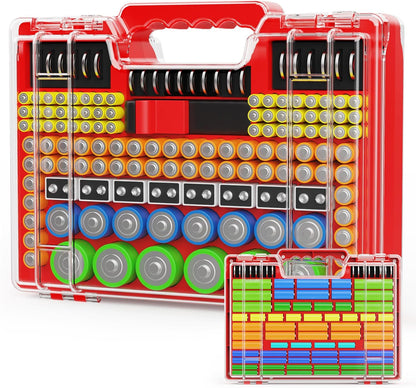 Molutsody Battery Organizer Box with Tester, Storage Case Holds 260 Batteries, Double Clear Locking Lid for AA AAA C D 9V - Red (Batteries Not Included)