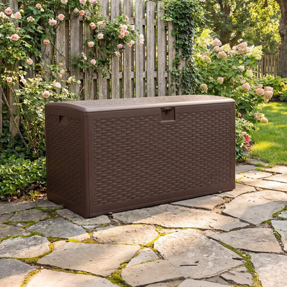 73 Gallon Lockable Outdoor Storage Bench Box, Waterproof & UV Resistant Patio Deck Container for Cushions, Pool Supplies & Yard Toys