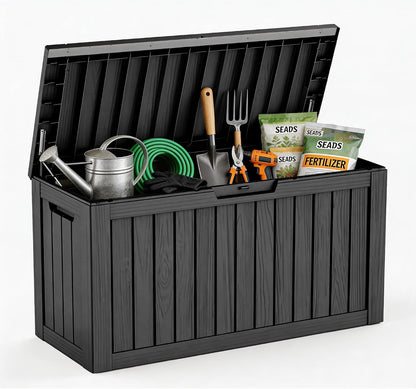 125Gal Outdoor Storage Box, Lockable Deck Box with Hydraulic Lid | Waterproof UV-resistant, Durable outdoor bin for patio cushions, pool accessories & garden tools. Keeps contents secure & dry