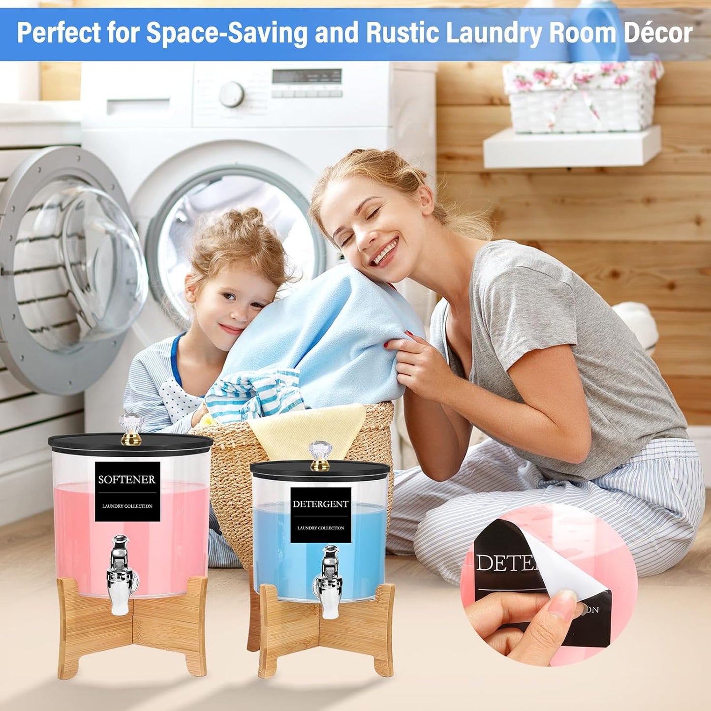 Laundry Detergent Dispenser Set 2 Pack Large & Small Liquid Laundry Soap Dispensers with Bamboo Stands Acrylic Laundry Detergent Containers Total Capacity About 1.25 Gallons Laundry Room Organization