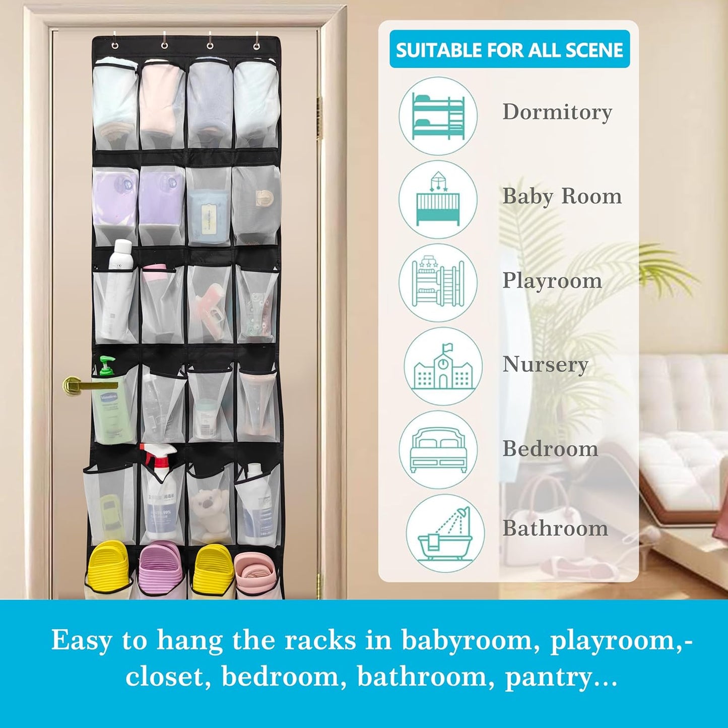 Over The Door Shoe Organizer with 24 Large Breathable Mesh Pockets Sturdy Closet Door Shoe Storage Holder Hanging SimpleHouseware Men Women Kids Shoe Holder for Rack (Black)