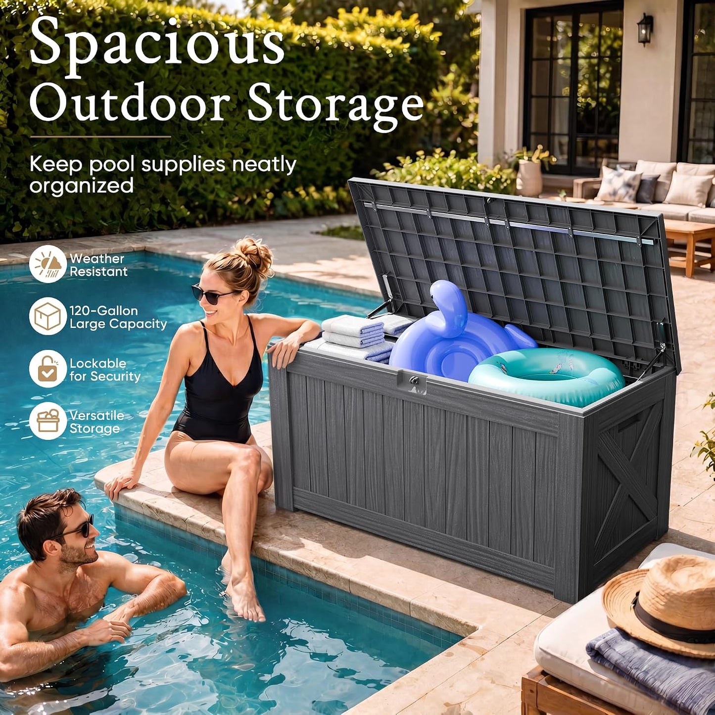 Devoko 120 Gallon Deck Box Resin Outdoor Storage Box Waterproof for Patio, Large Outdoor Storage Bench Lockable for Outside (Black)