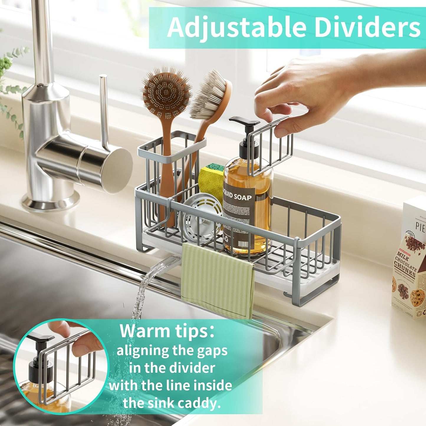 HapiRm Sponge Holder for Kitchen Sink - Self-draining Sink Caddy with Brush and Dishcloth Holders, Stainless Steel Kitchen Countertop Organizers and Storage Essentials - Black