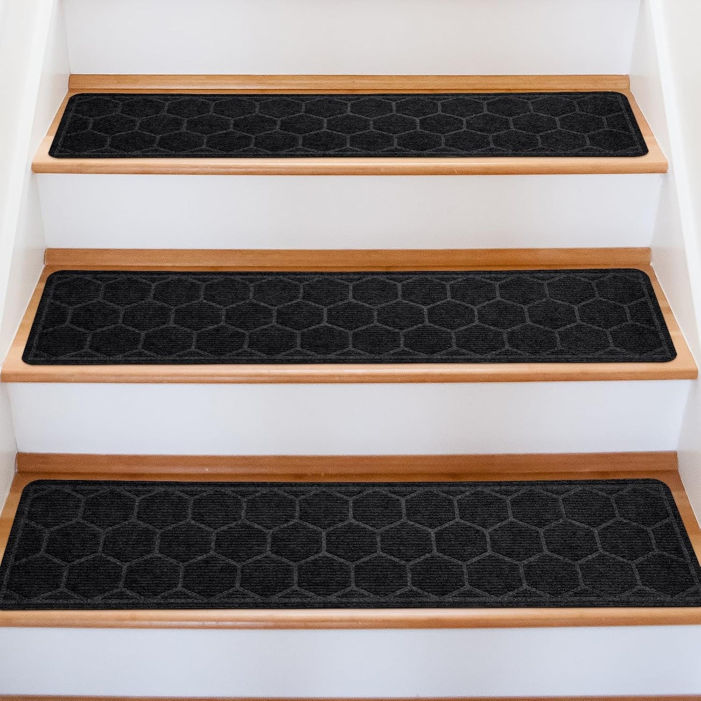 15 Pack 8 "X 30" Non-Slip Carpet Stair Treads for Indoor Wooden Steps, Made of Polyester and Reusable Adhesive, Suitable for Kids Elders and Pets（Black Lines）