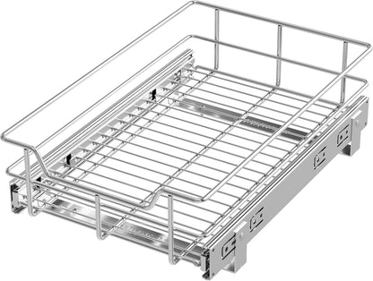 2 Tier Pull Out Cabinet Organizer 11" W X 22" D, Slide Out Drawers For Kitchen Cabinets, Pull Out Drawers For Cabinets Capacity Heavy Duty Caddy, Cabinet Pullout Shelves Chrome-Plated, Bathroom Pantry