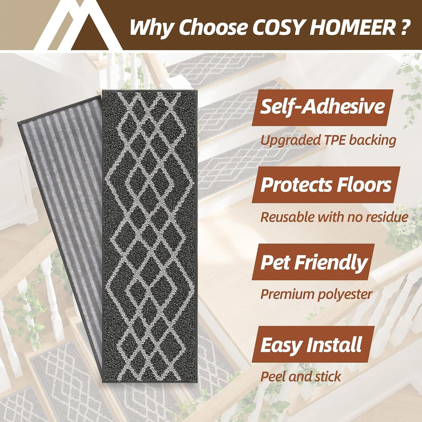 COSY HOMEER Soft Stair Treads Non-Slip Carpet Mat 28inX9in Indoor Stair Runners for Wooden Steps,Stair Rugs for Kids and Dogs, 100% Polyester TPE Backing 7pcs,Black,Rhombus