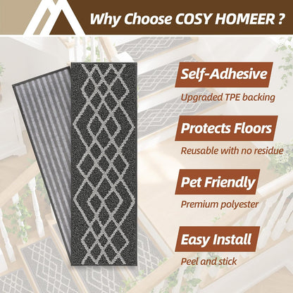 COSY HOMEER Soft Stair Treads Non-Slip Carpet Mat 28inX9in Indoor Stair Runners for Wooden Steps,Stair Rugs for Kids and Dogs, 100% Polyester TPE Backing 7pcs,Black,Rhombus