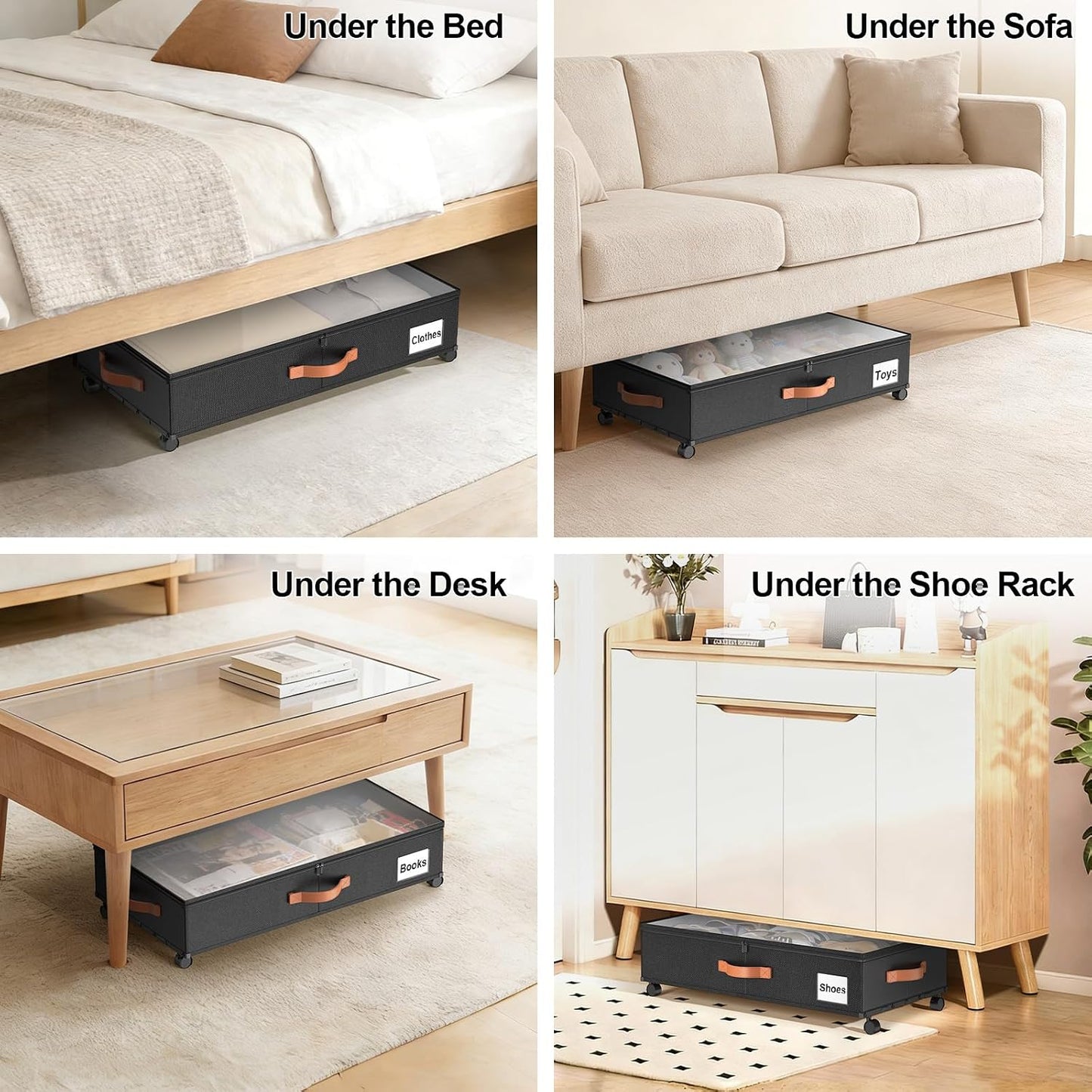 Under Bed Storage Containers with Wheels Large Underbed Shoes Blankets Clothes Toy Storage Drawers for College Dorms Bedrooms Nursery Rooms Organization (Black 2 Pack, 7.5in height(36"x16.6"x7.48"))