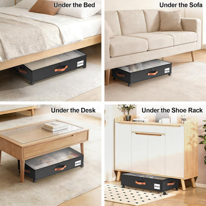 Under Bed Storage Containers with Wheels Large Underbed Shoes Blankets Clothes Toy Storage Drawers for College Dorms Bedrooms Nursery Rooms Organization (Black 2 Pack, 7.5in height(36"x16.6"x7.48"))