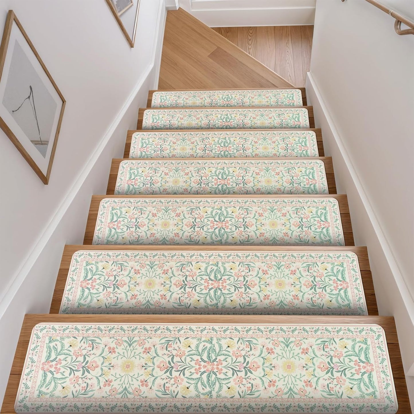 OJIA Floral Stair Treads Non-Slip Stair Runner for Wooden Steps Indoor 15PCS 30"x8" Carpet Stair Treads Stair Mats Staircase Step Treads for Kids, Elders and Dogs, Stair Covers, Black