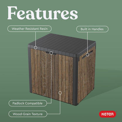 Keter Signature Everwood 30 Gallon Resin Outdoor Storage Box and Patio Furniture Side Table for Pool and Garden Accessories, Walnut