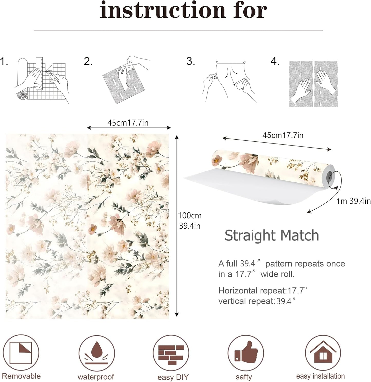 Peel and Stick Wallpaper, Soft Wildflower Botanical Contact Paper, PVC Vinyl Removable Wall Covering, Waterproof Easy-Clean, No Residue Renter Friendly, Neutral Decor, 39.4x17.3 in (Flowers2)