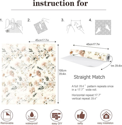 Peel and Stick Wallpaper, Soft Wildflower Botanical Contact Paper, PVC Vinyl Removable Wall Covering, Waterproof Easy-Clean, No Residue Renter Friendly, Neutral Decor, 39.4x17.3 in (Flowers2)