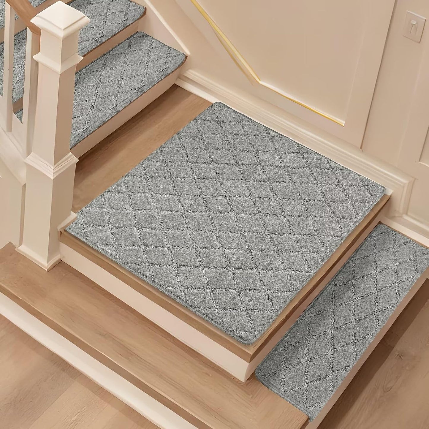DEXDE Bullnose Stair Treads for Wooden Steps Non-Slip Stair Runner, 14 Pcs | Reusable bullnose carpet Stair Treads Indoor, Peel and Stick Stair Rugs with Edge Protection, Soft Washable, 30"x9.5" Grey