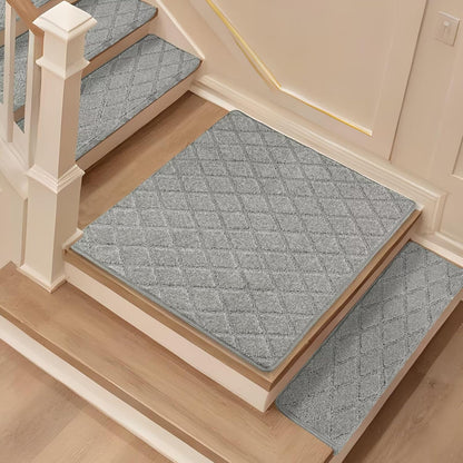 DEXDE Bullnose Stair Treads for Wooden Steps Non-Slip Stair Runner, 14 Pcs | Reusable bullnose carpet Stair Treads Indoor, Peel and Stick Stair Rugs with Edge Protection, Soft Washable, 30"x9.5" Grey