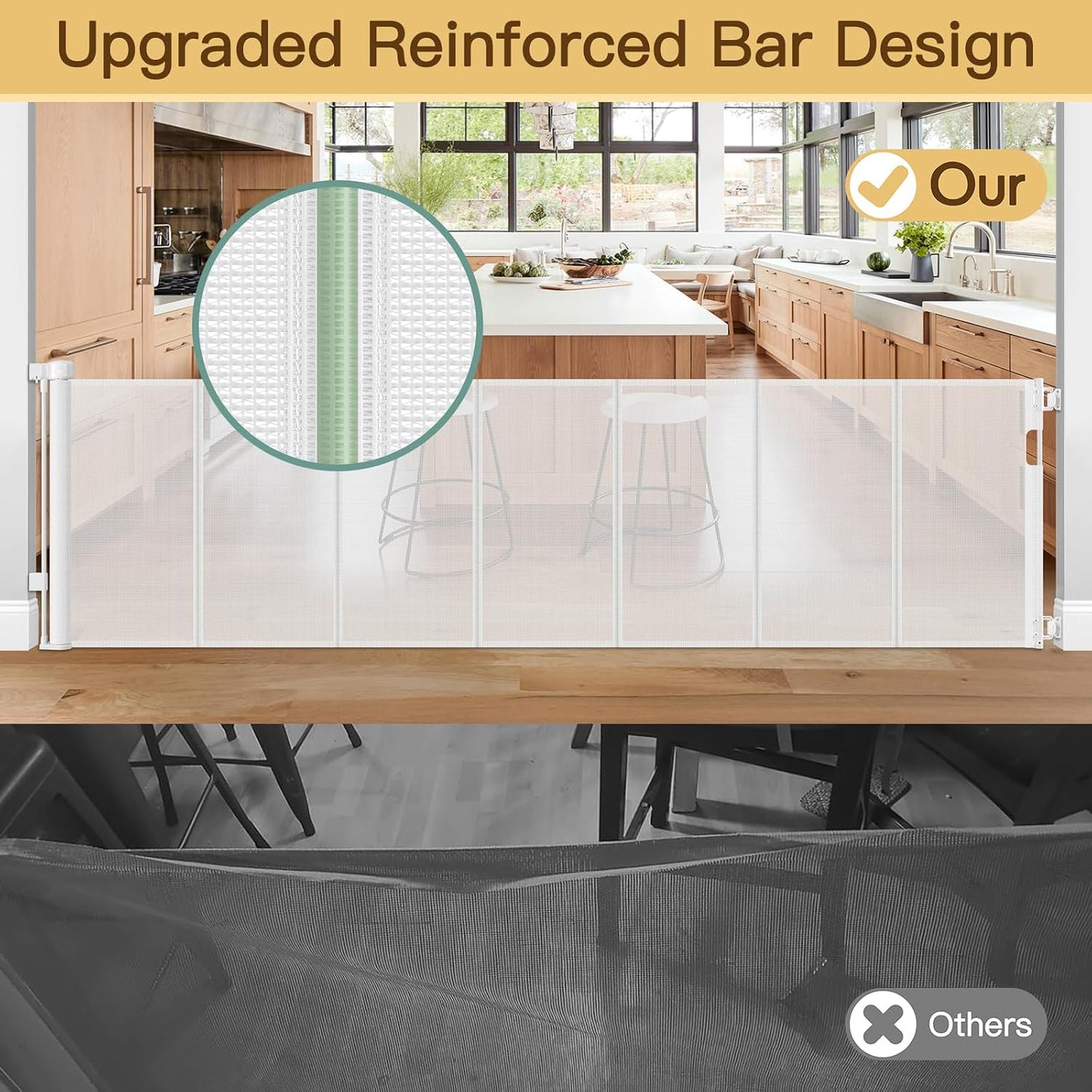 Reinforced 55" Wide Retractable Baby Gates with Reinforced Strips, Indoor/Outdoor Retractable Dog Gate for Doorway Prevent Bottom Drilling Through, No Bottom Bar Safety Mesh Baby Gate for Stair, Black