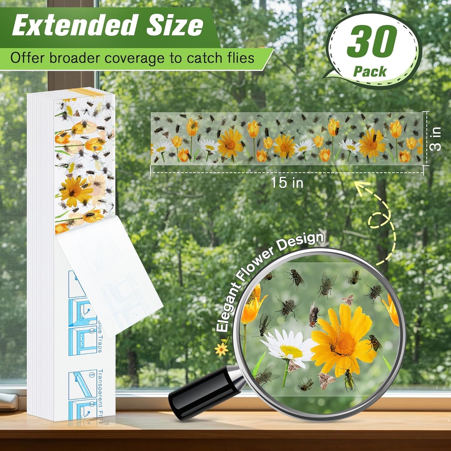 Qualirey 30 Pack XL Window Fly Traps for Indoors, Extra Large Fly Paper Sticky Strips, Waterproof & Non Toxic Clear Sticky Traps for Windows, Bug Catcher for House, Kitchen and Office(15"×3")