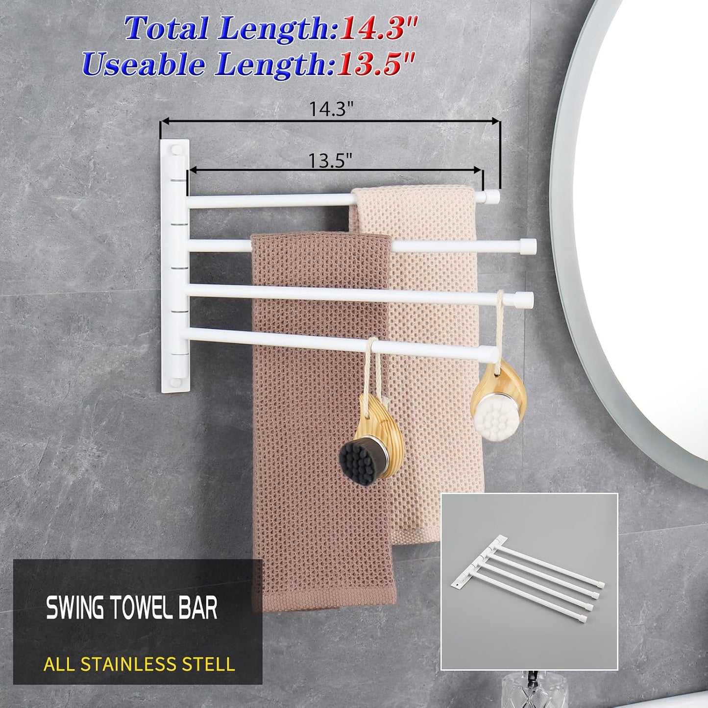 GERZWY Wall Mount Bath Towel Rack with 4 Arms Stainless Steel Bathroom Swing Arm Towel Bars Organizer, White