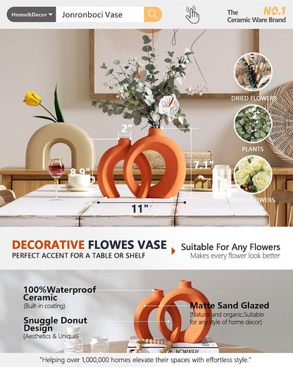 7.2″Hx8.9″H Donut Shape Decorative Vase Set of 2, Ceramic, Modern Minimalism Styles, Flowers or Plant Table Vases for Home Decor Living Room Shelf Entry Console Mantle Dining Centerpiece (Matte White)