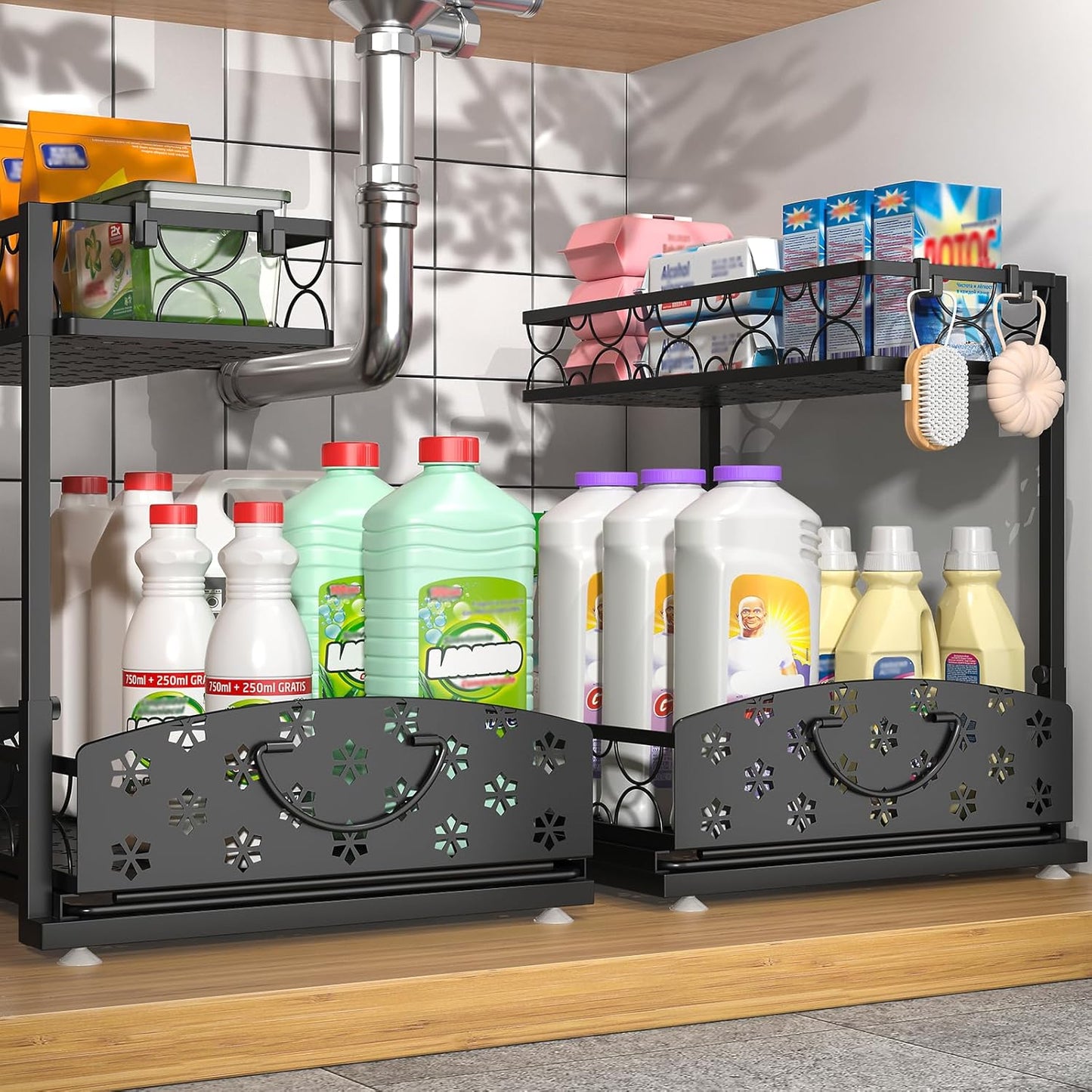 Sevenblue 2-Pack 2-Tier Height Adjustable Under Sink Organizer & Storage | Multi-purpose storage for kitchen & bathroom cabinet. Large black shelf, height adjustable design for space-saving.