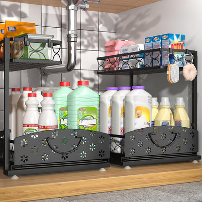 Sevenblue 2-Pack 2-Tier Height Adjustable Under Sink Organizer & Storage | Multi-purpose storage for kitchen & bathroom cabinet. Large black shelf, height adjustable design for space-saving.