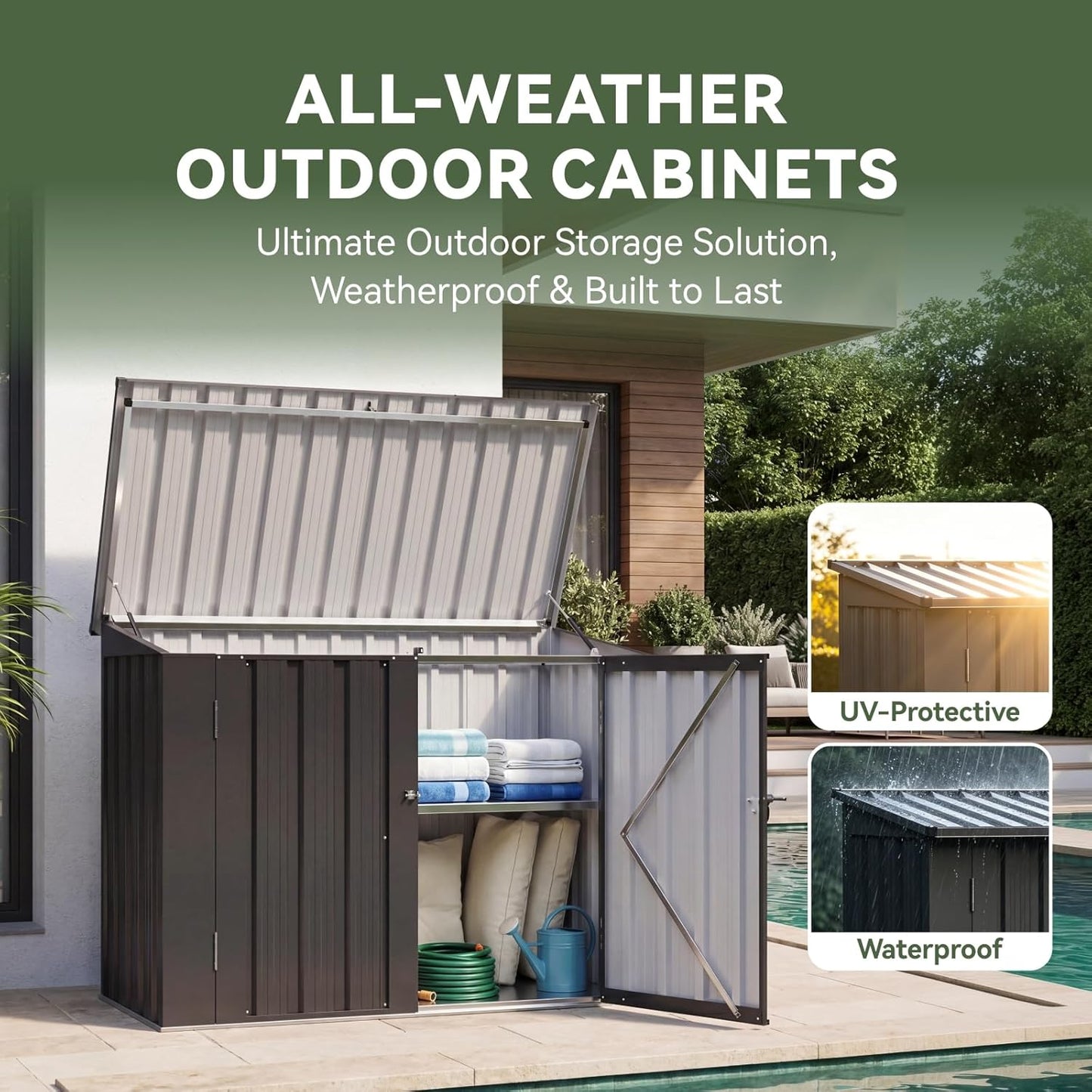Aoxun Outdoor Storage Cabinet, 35 Cu.Ft Metal Storage Shed with Floor, All-Weather Outdoor Storage Box with Hydraulic Lid, Lockable Doors for Patio Garden Garage, Black