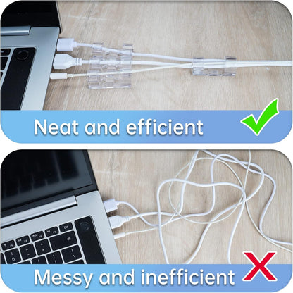 50 Cable Clips, Clear Cord Organizer, Cable Management Desk Wall | Self-Adhesive with 100 Screws for Damage-Free Mounting on Wood Glass Metal and Painted Surfaces