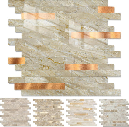 Yipscazo 2026 New Upgrade 11.34" X 11.57" Peel and Stick Backsplash, Stick on Backsplash Tiles for Kitchen, Bathroom, Fireplace (10 Sheets, Beige Rocks + Rose Gold)