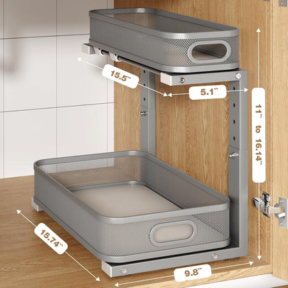2 Pack Under Sink Organizer With Smooth Cylindrical Rail,2-Tier Pull Out Multi-Purpose Cabinet Storage for Bathroom&Kitchen,Height Adjustable,Rust-resistant Coating-White