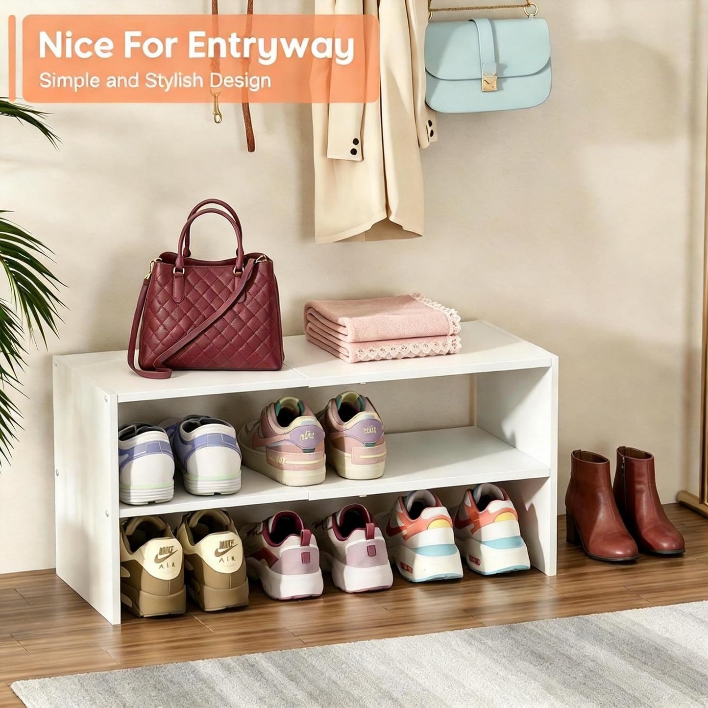 2-Tier Expandable White Shoe Rack Organizer for Closet, Stackable Shoe Rack Storage Shelf, Small Iron Wood Combination Shoe Shelves for Closets,Entryway,Front Door, Narrow Space,Hallway,6-12 Pairs