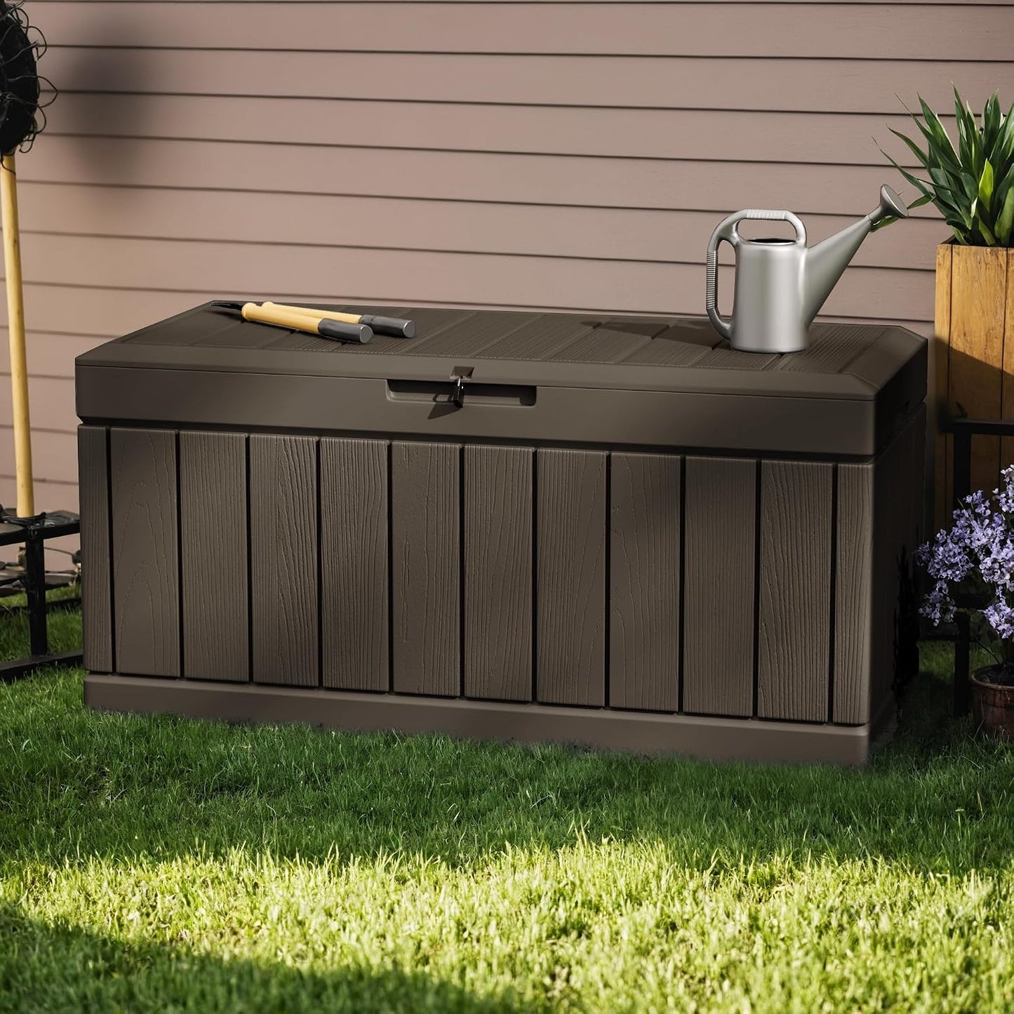Greesum 110 Gallon Outdoor Storage Box with Lockable Lid, All-Weather for Patio Furniture, Pool Supplies & Garden Tools, Waterproof, UV-Resistant Large Deck Box, Dark Black
