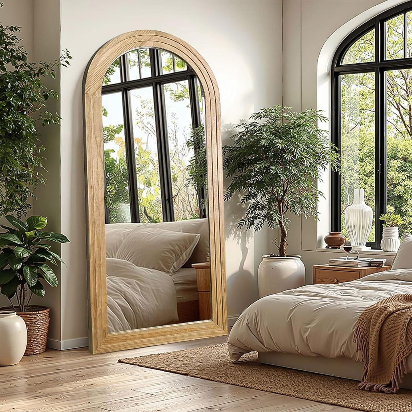 Delma Arched Full Length Floor Mirror with Stand, 75x35 Rustic Farmhouse Solid Wood Frame Wall Mirror for Bedroom, Living Room, Vertical Hanging & Standing(Brown)