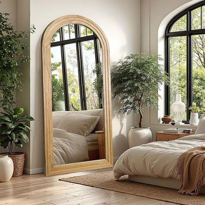 Delma Arched Full Length Floor Mirror with Stand, 75x35 Rustic Farmhouse Solid Wood Frame Wall Mirror for Bedroom, Living Room, Vertical Hanging & Standing(Brown)