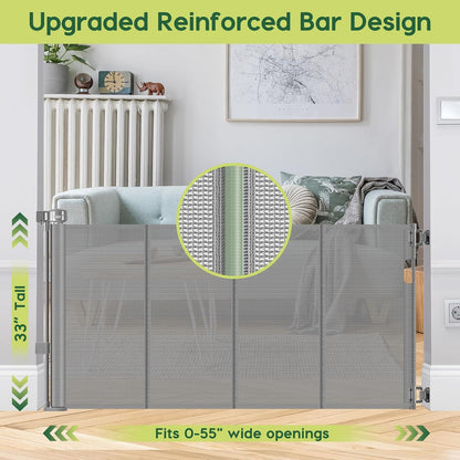 Reinforced 55" Wide Retractable Baby Gates with Reinforced Strips, Indoor/Outdoor Retractable Dog Gate for Doorway Prevent Bottom Drilling Through, No Bottom Bar Safety Mesh Baby Gate for Stair, Black