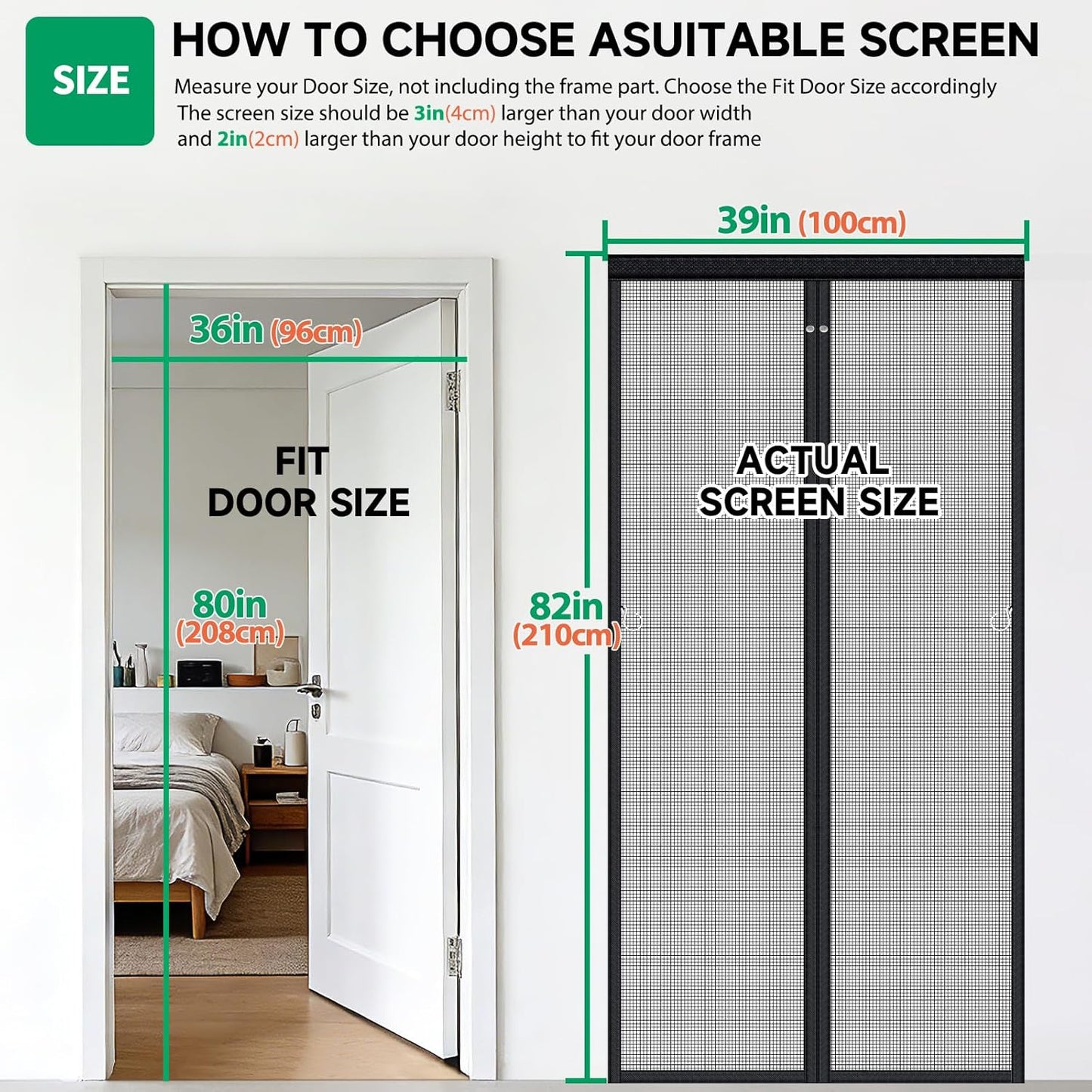 HOFUDON Upgraded Magnetic Screen Door Mesh, Full Strip Magnets, Heavy Duty Fiberglass Mesh, Door Screen Magnetic Closure for Single Door Size 32 x 80 Inch, Screen Door Size 35 x 82 Inch Black